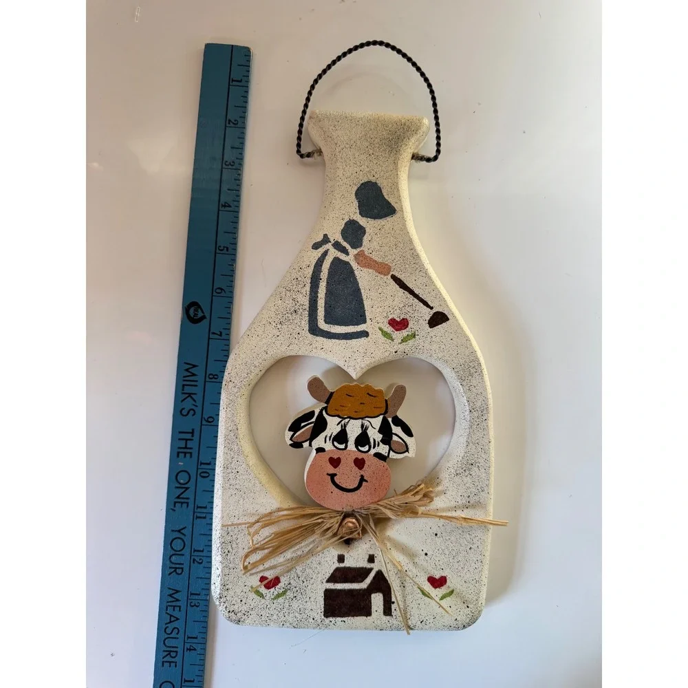 Vintage Farmhouse Wooden Milk Bottle Wall Decor Hand Painted Cow Heart Cutout